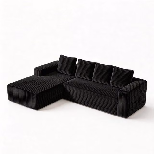 Divano modulare sezionale a L con chaise longue reversibile in velluto a coste nero – 1