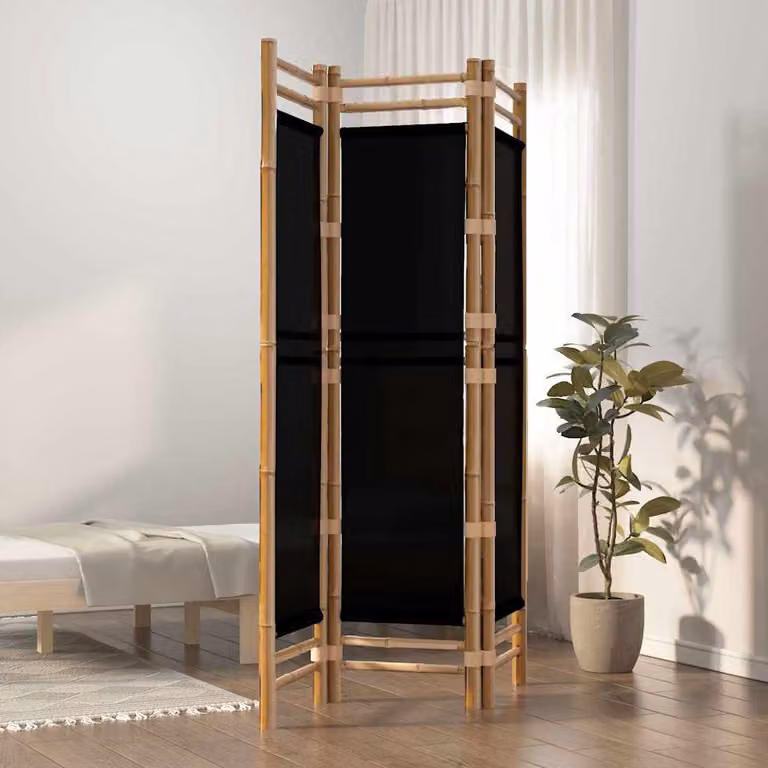 Divisorio Ambienti Pieghevole vidaXL in Bambù e Tela con 3 Pannelli, Colore Nero, L: 120 cm, H: 180 cm