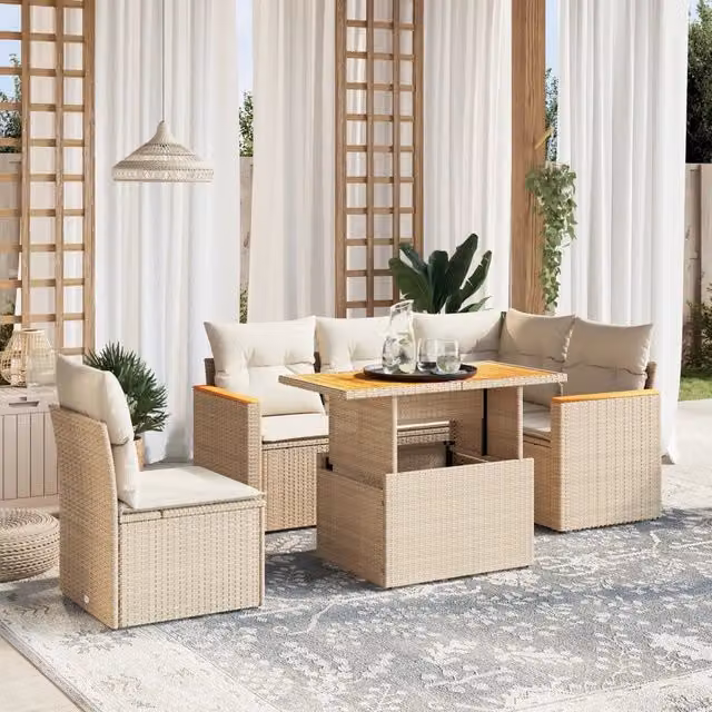 Set da giardino VIDAXL a forma di L in polyrattan con 6 pezzi e cuscini beige – 1