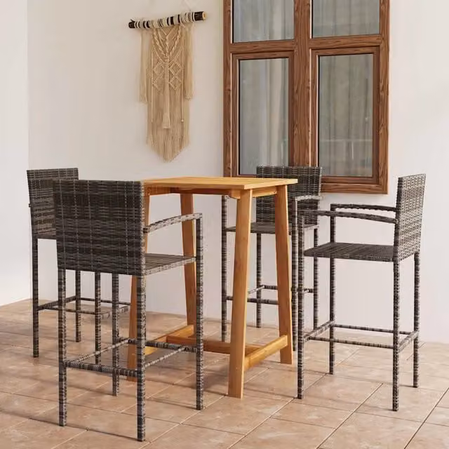 vidaXL Set Bar da Giardino 5 pz in Polyrattan e Legno di Acacia Grigio – 1