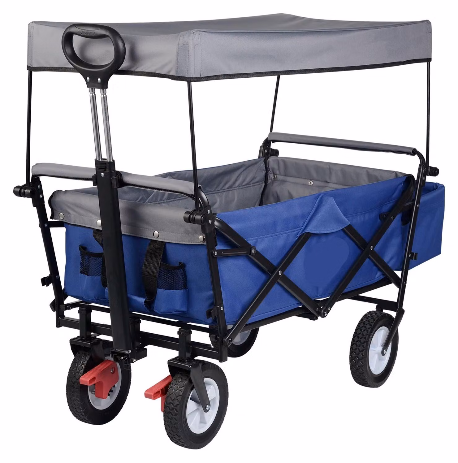 Carrello pieghevole per il trasporto di carichi - Carrello da giardino blu con tetto, ruote, freno e capacità di carico di 80 kg