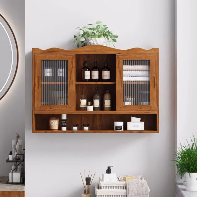 Pensile da parete MODFU con ante scorrevoli in vetro e legno marrone L 90 x P 20 x H 60 cm