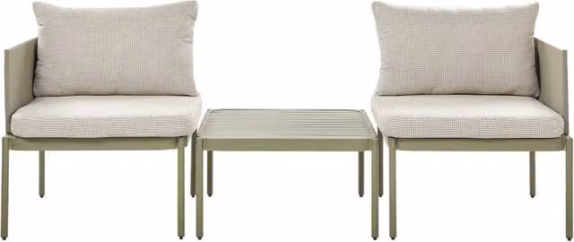 Set soggiorno da giardino Beliani composto da divano 2 posti e tavolino da caffè in alluminio verniciato a polvere color verde con cuscini in tessuto resistente ai raggi UV e coperture rimovibili