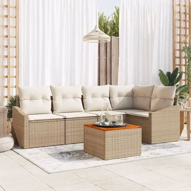 Set Divano da Giardino Moderno vidaXL in Polyrattan Beige con Cuscini e Tavolino da 6 Pezzi