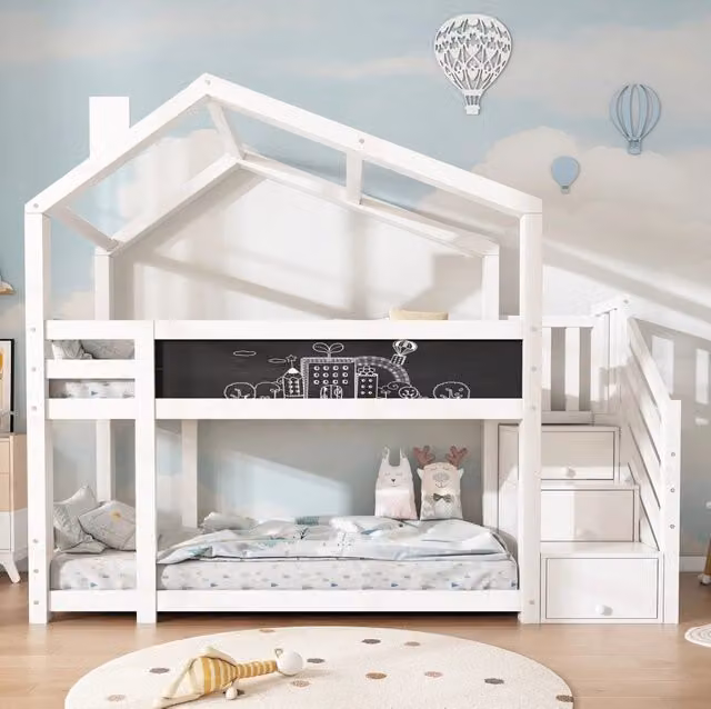 Letto a castello per bambini a forma di casetta 90x200 cm con cassetti e lavagna; bianco
