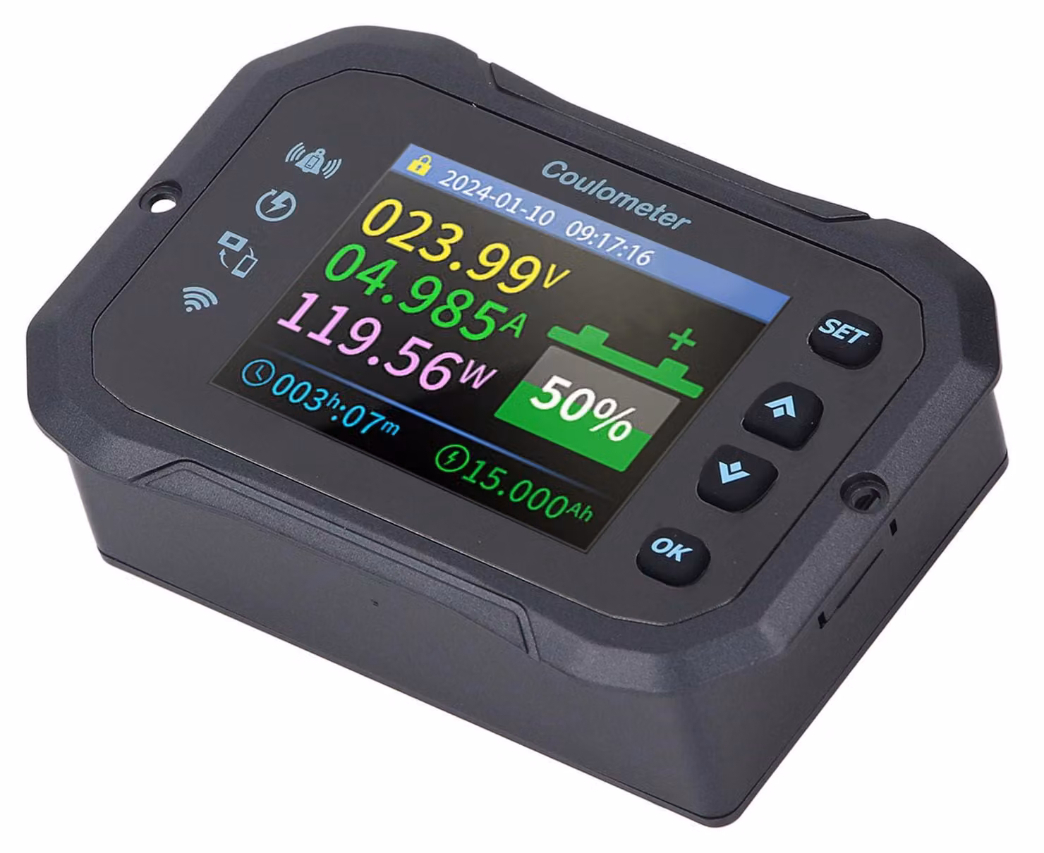 Monitor per batterie con shunt, da 10 a 100V, da 0 a 50A, con Wi-Fi/Bluetooth, display LCD da 2,4 pollici e allarme