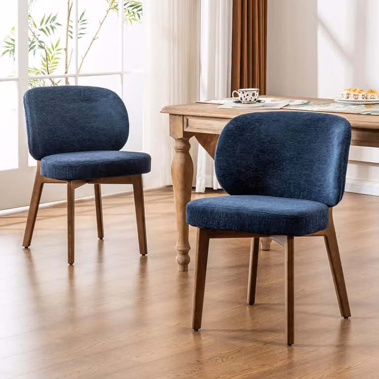 Set di 2 sedie da pranzo, rivestite in tessuto tipo chenille, con gambe in legno, colore blu navy