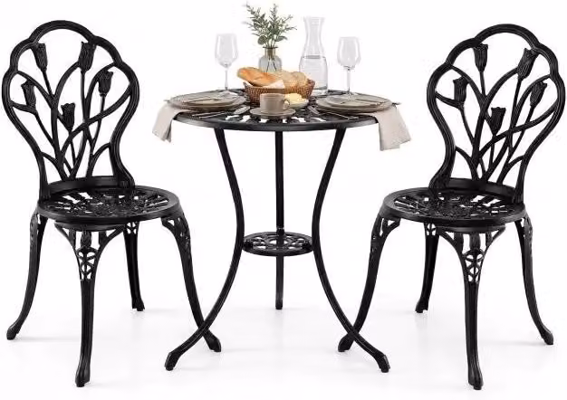 Set Bistro da Giardino in Alluminio Pressofuso 3 Pezzi con Foro per Ombrellone Tavolo e 2 Sedie da Esterno Balcone Patio Resistente