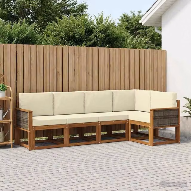 Set di divani da esterno a L vidaXL in legno di acacia con cuscini beige e bianchi – 1