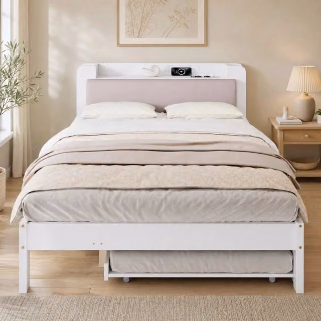 Letto funzionale bianco 120x200 cm con letto estraibile 90x190, testiera imbottita e stazione di ricarica