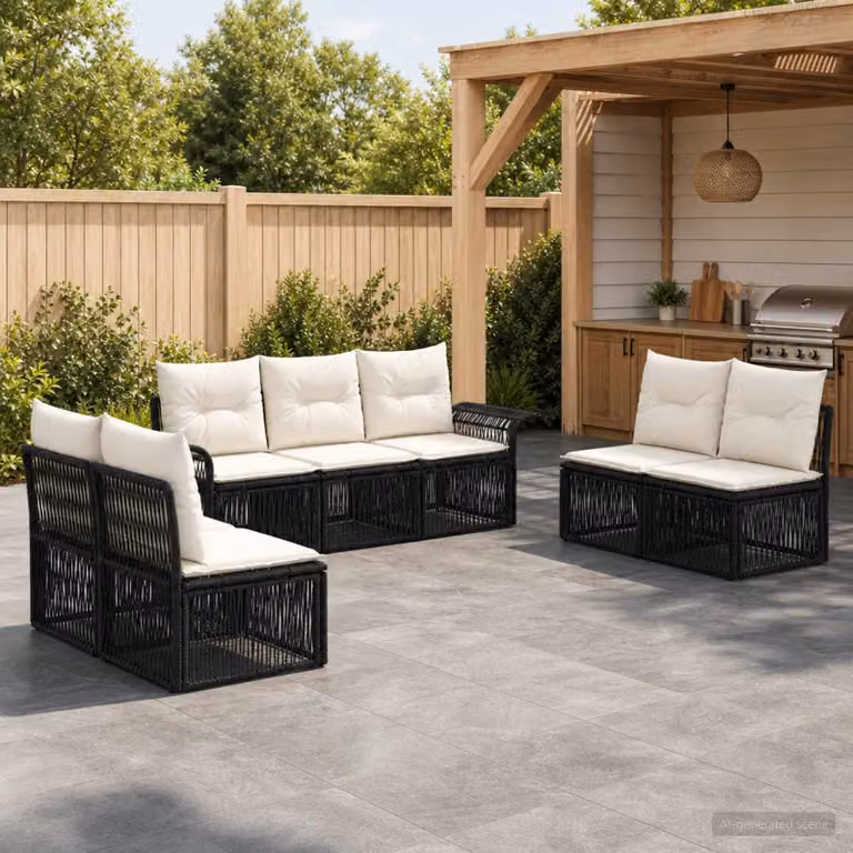 Set Divano da Giardino vidaXL 7 Pezzi Moderno a Forma di L in Polyrattan Nero con Cuscini Imbottiti e Struttura in Acciaio Verniciato a Polvere