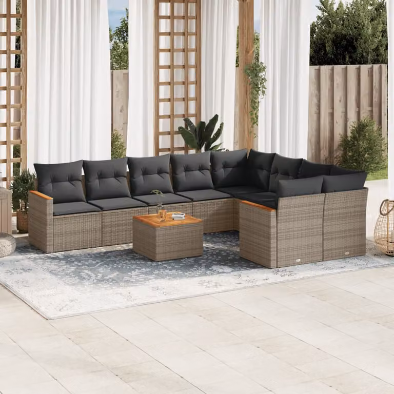 vidaXL Set Divano da Giardino 10 pz in Polyrattan Grigio con Cuscini e Tavolino da Caffè