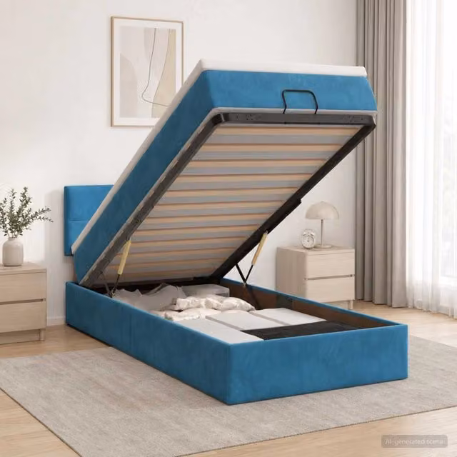 Letto ottomano moderno vidaXL in velluto con base a sollevamento, Blu e Bianco, L: 100 cm, P: 200 cm, H: 203 cm
