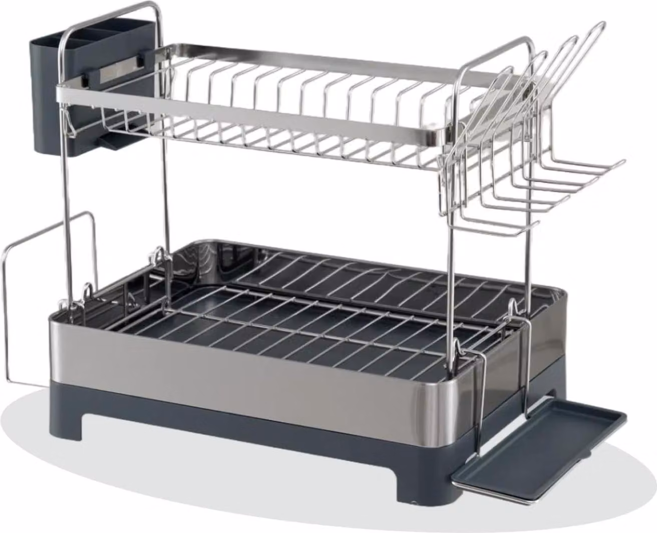 KOMFOTTEU Scolapiatti in acciaio inox, scolapiatti a 2 livelli con vassoio di raccolta, portaposate e contenitore per posate, contenitore per cucina, organizzatore per cucina 57 x 32 x 39,5 cm