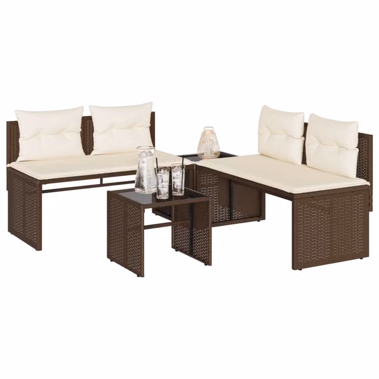 Set Divano da Giardino vidaXL 4 pz con Cuscini e Tavolino in Polyrattan Marrone e Bianco con Struttura in Acciaio e Vetro