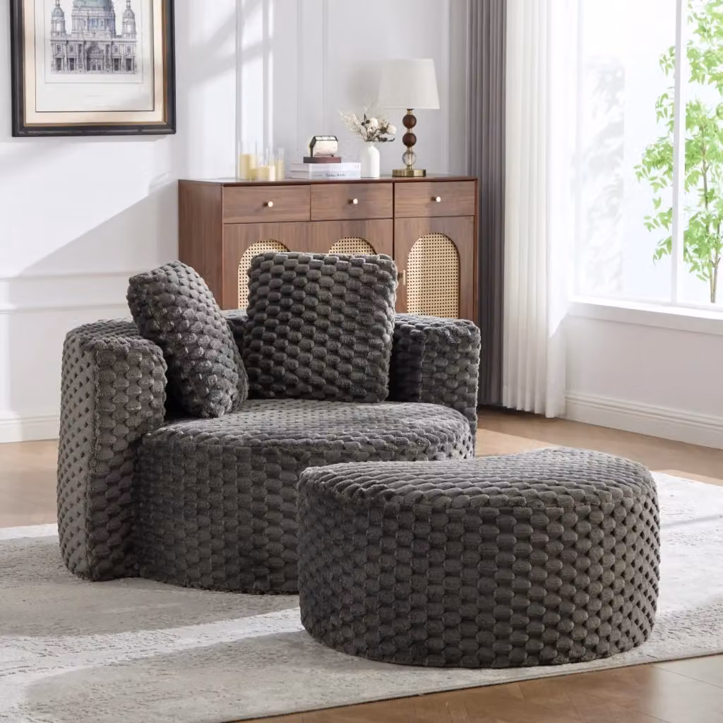 Poltrona con pouf REDOM in tessuto grigio, design moderno L: 130 cm, P: 115 cm, H: 103 cm – 2