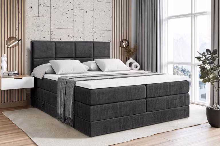 Letto boxspring ALTDECOR con 2 materassi e topper - 200x200 cm - NOVA KING - Velluto nero - Letto imbottito con materassi H3 e H4, contenitore e rete a doghe, letto con spazio contenitivo