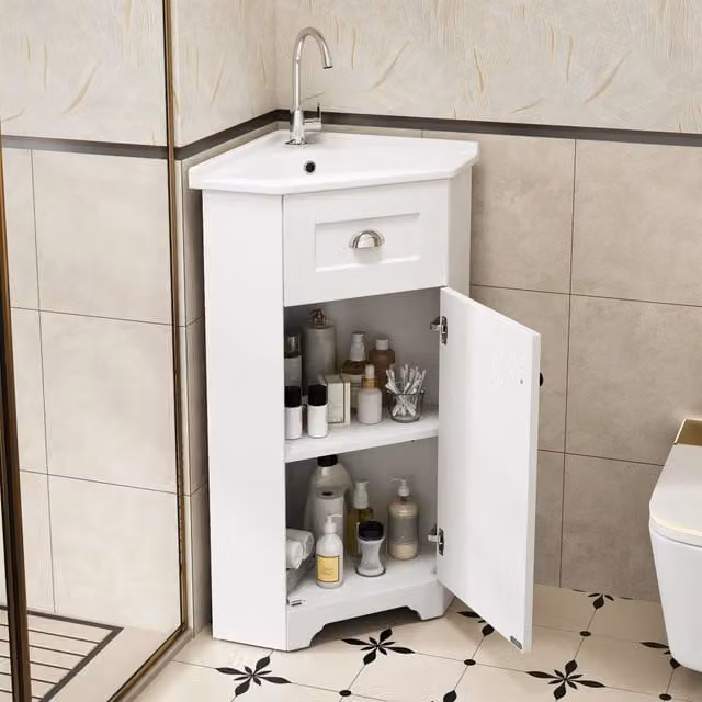 Mobile bagno salvaspazio da terra con lavabo singolo, corpo in MDF impermeabile, lavabo in ceramica, maniglie in metallo, superficie in melamina senza vernice, bianco