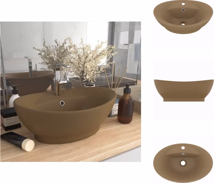 vidaXL Lavabo con troppopieno ovale crema opaco 58,5x39cm in Vetroceramica - Lavabo da bagno