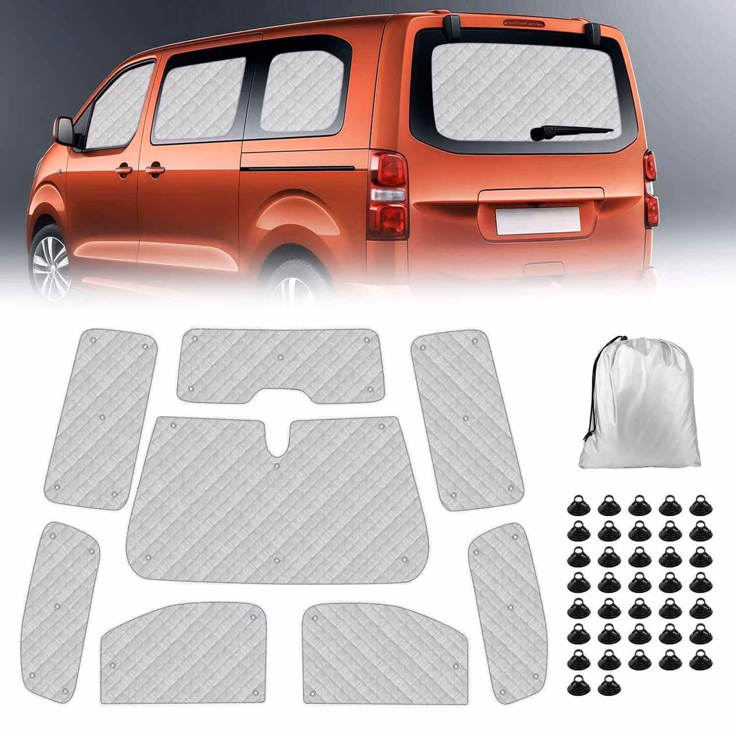 Tappetini termici per l'abitacolo, confezione da 8 pezzi, per veicoli con passo lungo (LWB), compatibili con Citroen Dispatch dal 2017 al 2026. Offrono protezione solare, privacy e controllo della temperatura