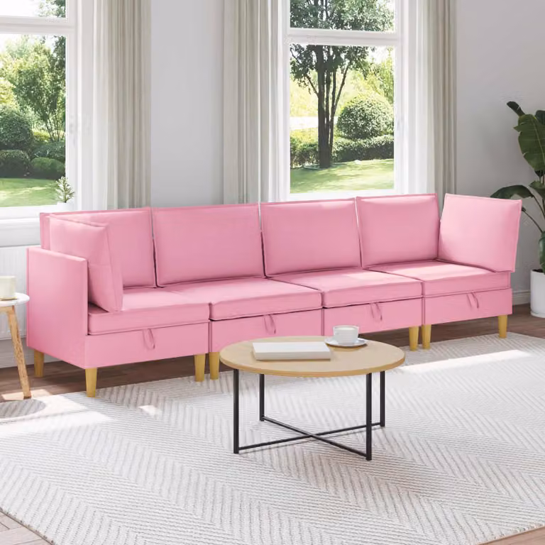 vidaXL Set di divani modulari L-shape da 4 pezzi in tessuto rosa con spazio di archiviazione e coperture rimovibili