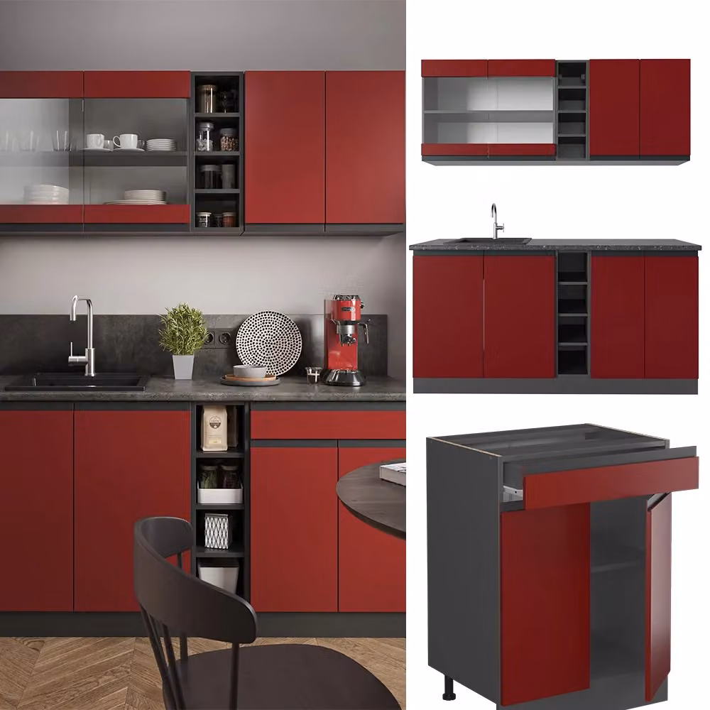 Cucina completa R-Line J-Shape Vicco in Rovere, Rosso e Antracite, L: 160 cm – 2