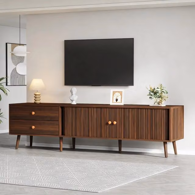 Mobile TV Mivray in MDF noce con 2 cassetti e 2 ante avvolgibili per televisori fino a 80 pollici, L 180 x P 40 x H 46.5 cm