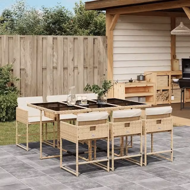 Set da Pranzo da Giardino 7 pz con Cuscini Beige in Polyrattan 3211270