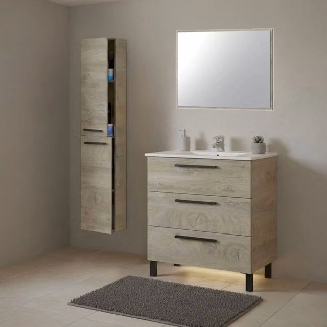 Set Mobili Bagno DMORA Corbola con Specchio e Mobile Lavabo, Design Moderno in Legno Rovere Marrone Opaco