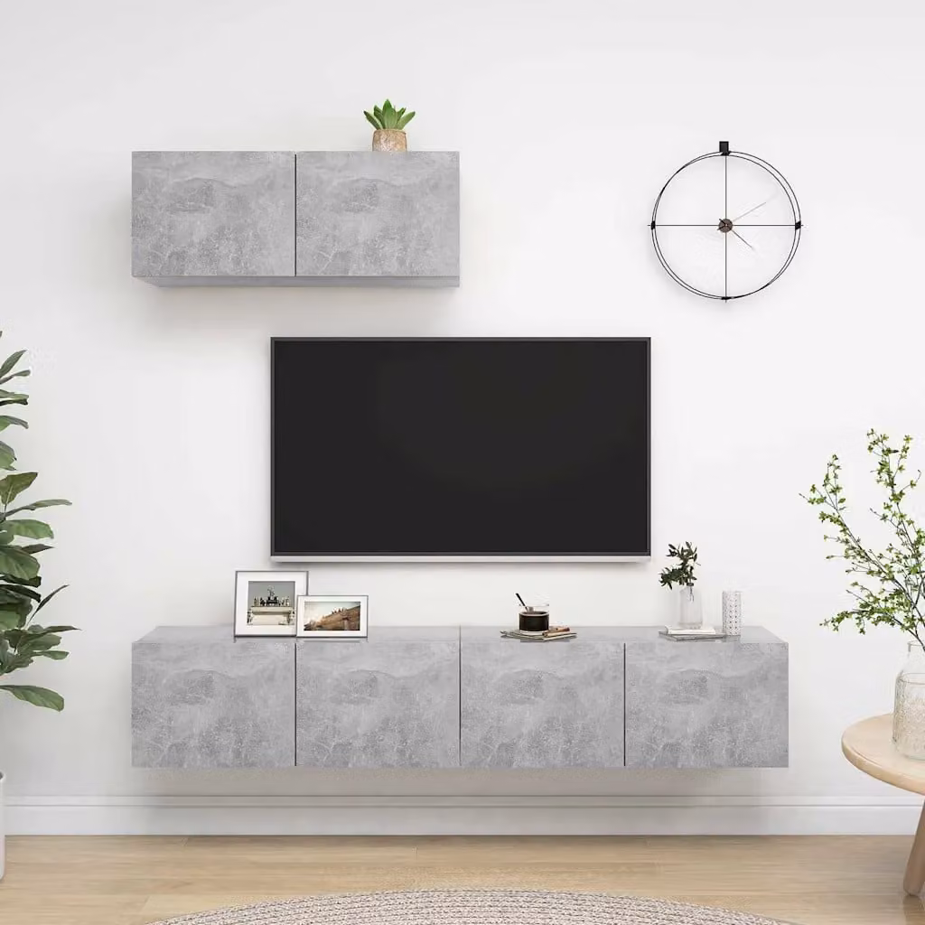 Set di 3 mobili porta TV moderni vidaXL in legno e MDF, colore grigio cemento, da appendere alla parete per il tuo soggiorno, L: 80 cm, P: 30 cm, H: 30 cm