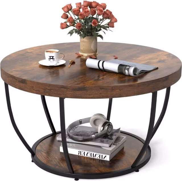 Tavolino rotondo Design In con 2 ripiani in metallo e legno, colore Naturale e Nero, Diametro: 80 cm