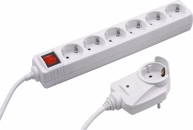 Multipresa Meister a 6 prese, con spina aggiuntiva - cavo da 2 m - bianca - IP20 per interni - interruttore / Powersplit / multipresa con protezione da sovratensione