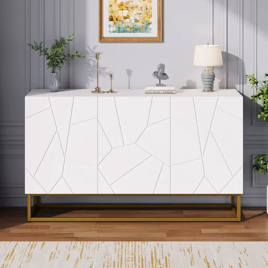 Credenza Mivray moderna con 3 ante e pannelli scanalati lucidi bianca, L: 130 cm, P: 38 cm, H: 76 cm – 2