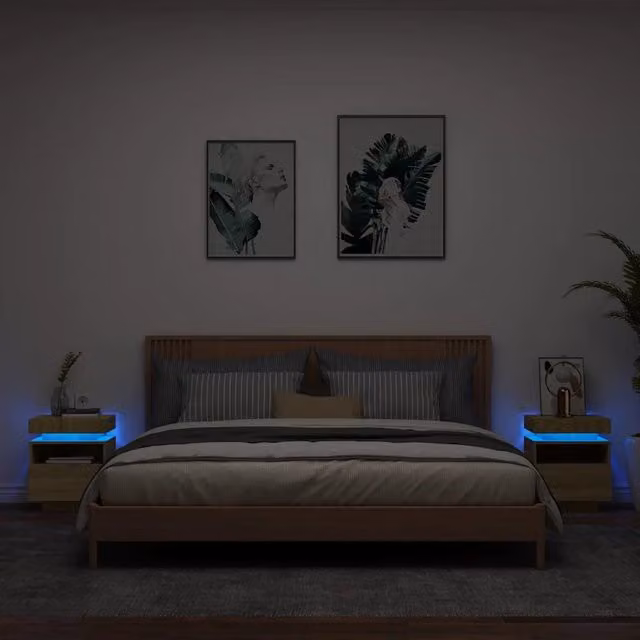 Set di 2 Comodini Design Mania con Luci LED in Rovere Sonoma, L 40 cm x P 39 cm x H 48,5 cm