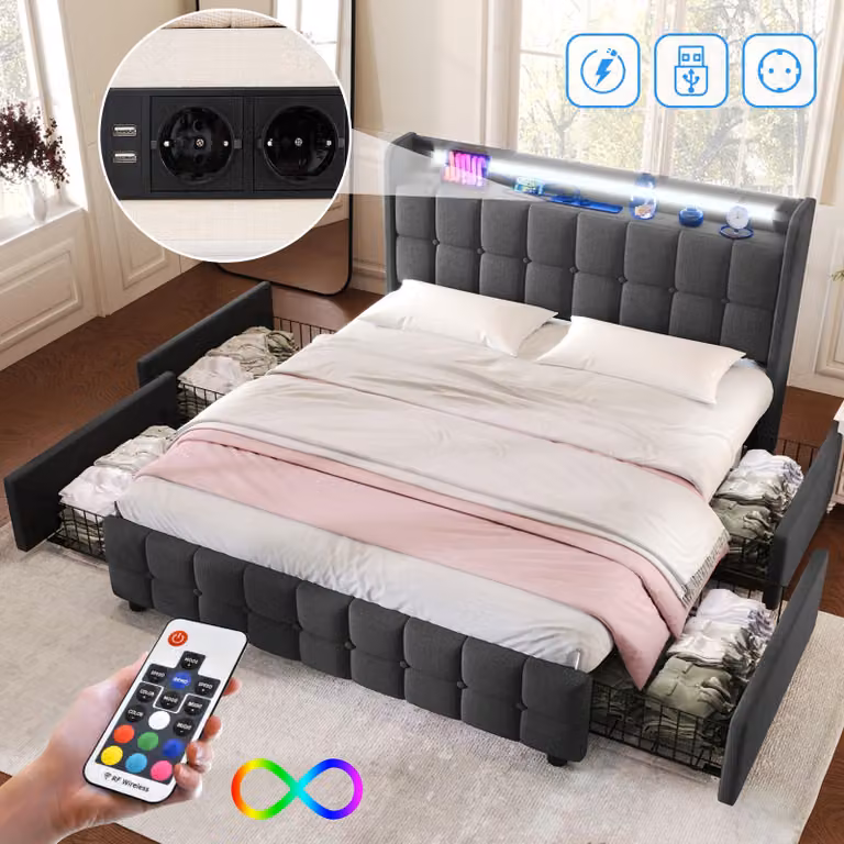 Letto imbottito con testiera USB e LED e 4 cassetti, letto matrimoniale 180x200cm struttura letto contenitore, grigioSenza materasso