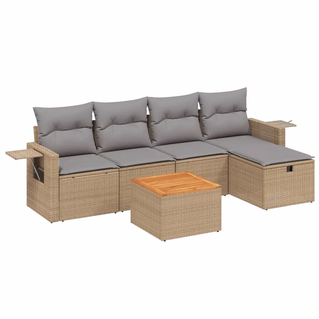 Set Divano da Giardino 6 pz con Cuscini Beige Misto Polyrattan