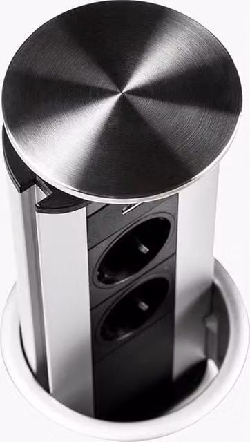 EVOline 1593 1002 1600 Torretta da incasso a scomparsa con 3 prese Schuko 16A, cavo da 3 m, colore Nero e Acciaio Inox
