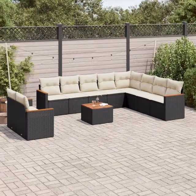 Set di Divani da Giardino a L vidaXL in Polyrattan Nero con Cuscini e Tavolino da Esterno – 1