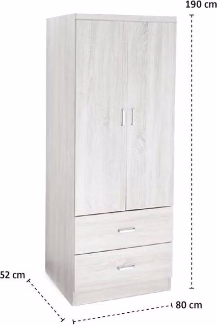 ARMADIO GUARDAROBA IN LEGNO CON 2 ANTE E CASSETTI BIANCO LEGNO 80 X 52 X 190 CM