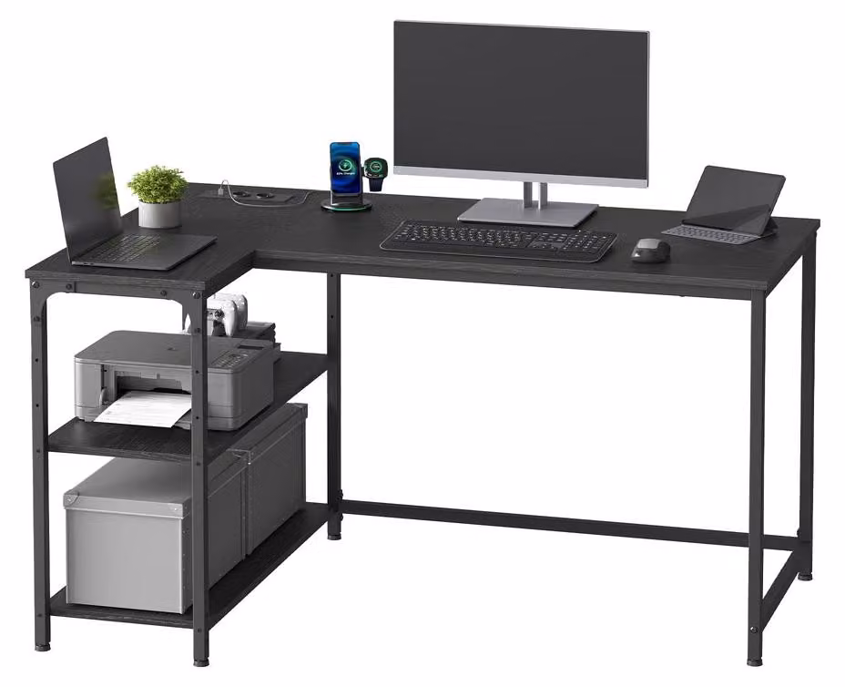 Scrivania con spazio contenitore, scrivania a L per computer, scaffale regolabile | Nero | 120x80x76 cm