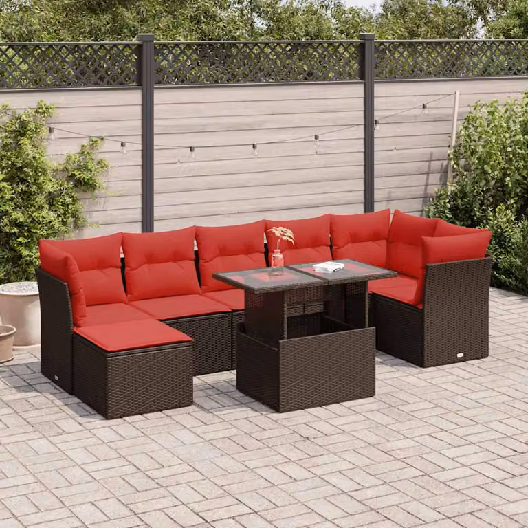 Set di divani da giardino vidaXL 8 pezzi in polyrattan marrone con cuscini e tavolino da esterno