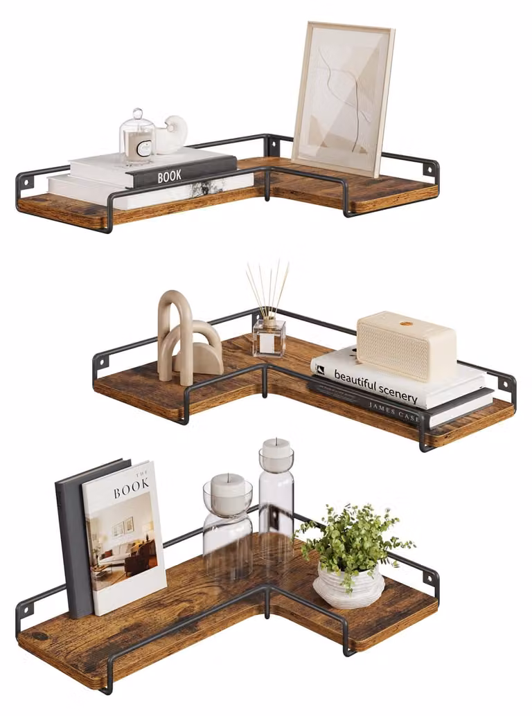 Set di mensole angolari, composto da 3 pezzi, forma a L, da montare a parete, dimensioni 40x29x14 cm, colore marrone rustico