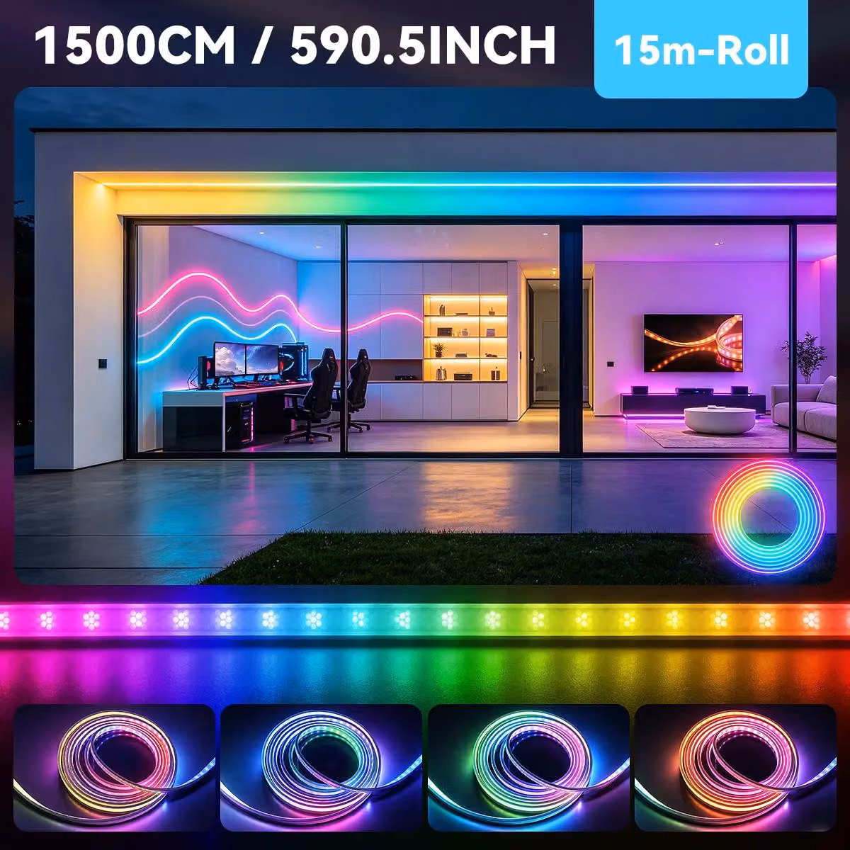 Striscia LED, sincronizzazione con la musica, design flessibile, 15 metri, alimentazione 220-240V, spina europea
