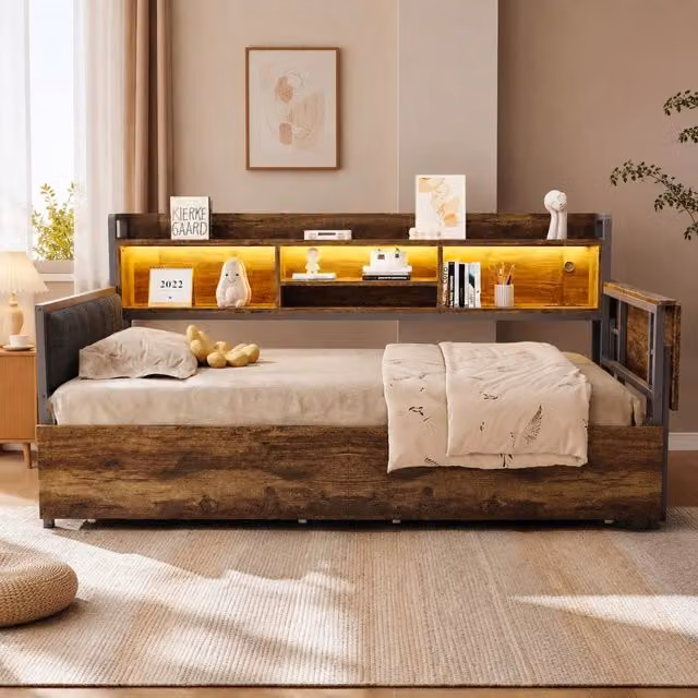 Letto singolo multifunzione ULEVR 90x200 cm con scrivania estraibile, 2 cassetti, LED e presa, legno naturale