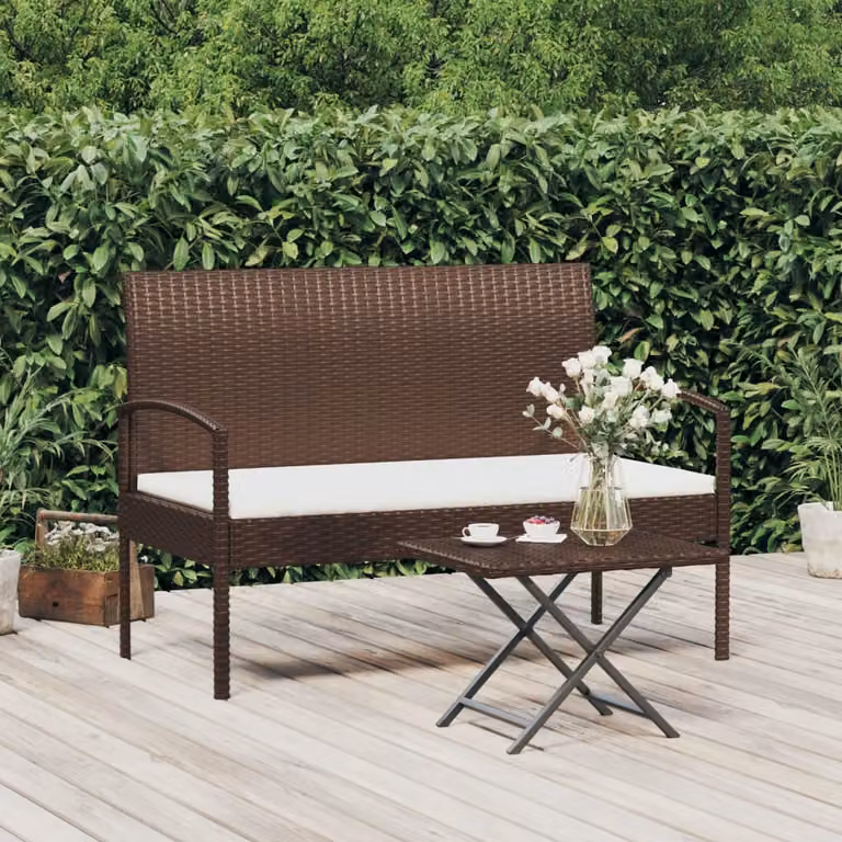 Panca da giardino moderna vidaXL in rattan marrone con cuscino bianco e braccioli