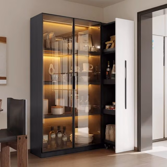 Vetrina Mivray con LED e scaffale estraibile su ruote in MDF e vetro, Bianco e Nero, L: 110.5 cm, P: 35 cm, H: 160 cm