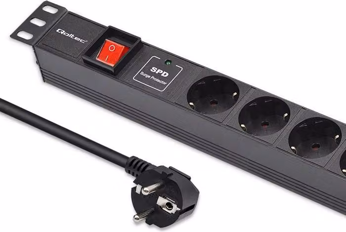 Striscia di prese PDU in alluminio Qoltec per RACK 19'' | 1U | 16A | 6xSCHUKO | 1,8m