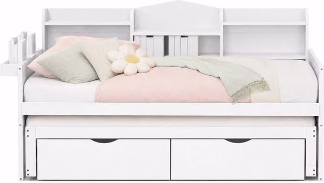 Letto singolo 90x200 cm con letto estraibile 90x190; 2 cassetti; presa USB e vani; bianco