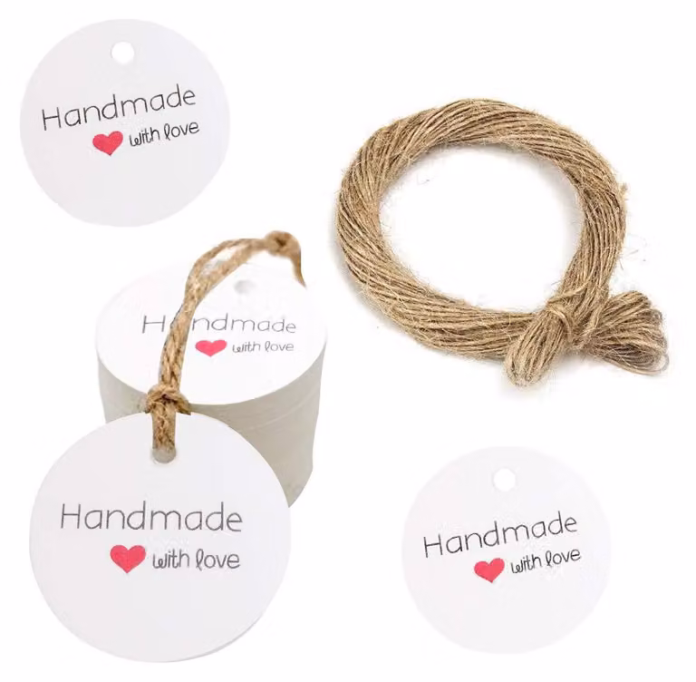 150 etichette regalo rotonde in carta kraft, bianche, con cordoncino