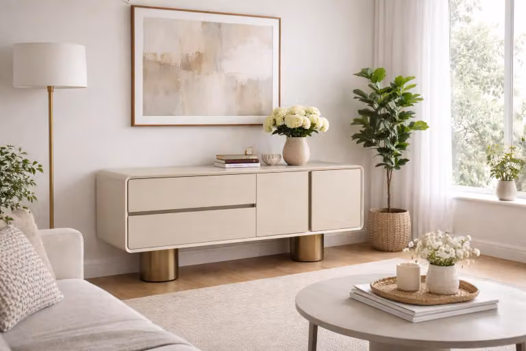 Elegantes Beiges Sideobard Designer Wohnzimmer Kommode Edle Anrichte